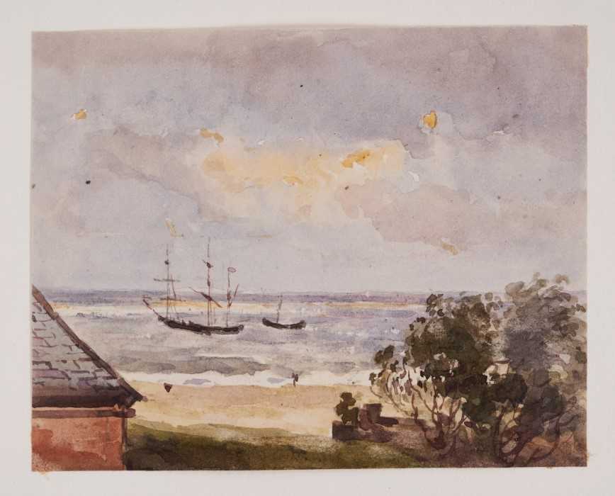 Lot 1205 - Thomas Churchyard (1798-1865) watercolour - shipping off the coast, inscribed 'Laura' verso, 9.5cm x 12.5cm, unframed 
Provenance: part of an album purchased by the late Edward Packard from Arnott...
