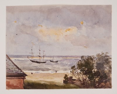 Lot 1205 - Thomas Churchyard (1798-1865) watercolour - shipping off the coast, inscribed 'Laura' verso, 9.5cm x 12.5cm, unframed 
Provenance: part of an album purchased by the late Edward Packard from Arnott...