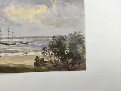 Lot 1205 - Thomas Churchyard (1798-1865) watercolour - shipping off the coast, inscribed 'Laura' verso, 9.5cm x 12.5cm, unframed 
Provenance: part of an album purchased by the late Edward Packard from Arnott...