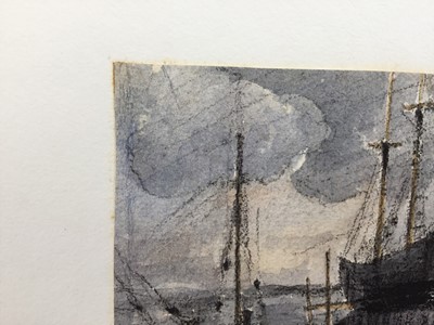 Lot 1209 - Thomas Churchyard (1798-1865) watercolour and charcoal - fishing boats in dry dock, 13cm x 14cm, unframed