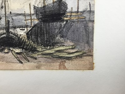 Lot 1209 - Thomas Churchyard (1798-1865) watercolour and charcoal - fishing boats in dry dock, 13cm x 14cm, unframed