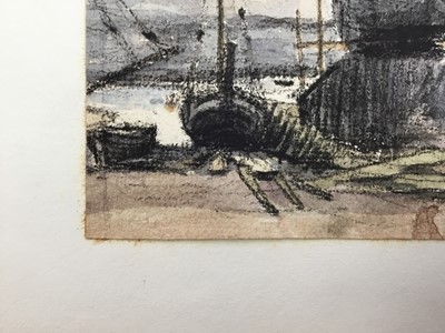 Lot 1209 - Thomas Churchyard (1798-1865) watercolour and charcoal - fishing boats in dry dock, 13cm x 14cm, unframed