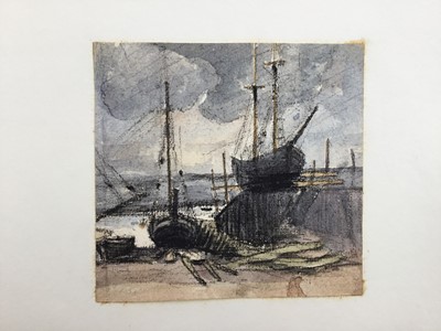 Lot 1209 - Thomas Churchyard (1798-1865) watercolour and charcoal - fishing boats in dry dock, 13cm x 14cm, unframed