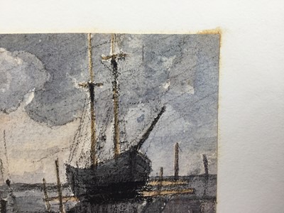 Lot 1209 - Thomas Churchyard (1798-1865) watercolour and charcoal - fishing boats in dry dock, 13cm x 14cm, unframed