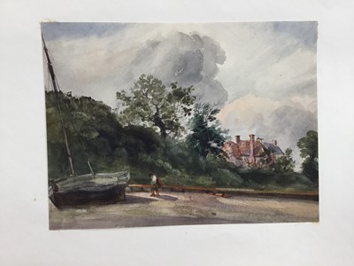 Lot 1213 - Thomas Churchyard (1798-1865) watercolour - fishing boat on the shore, a country house beyond, 15cm x 20cm, unframed