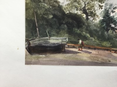 Lot 1213 - Thomas Churchyard (1798-1865) watercolour - fishing boat on the shore, a country house beyond, 15cm x 20cm, unframed