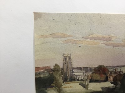 Lot 1217 - Thomas Churchyard (1798-1865) watercolour - view to Woodbridge Church, inscribed to paper backing mount, 9.5cm x 12.5cm, unframed