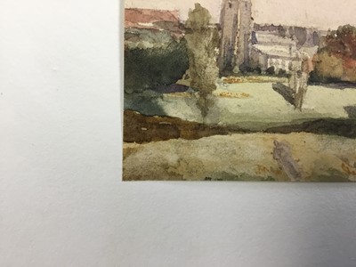 Lot 1217 - Thomas Churchyard (1798-1865) watercolour - view to Woodbridge Church, inscribed to paper backing mount, 9.5cm x 12.5cm, unframed