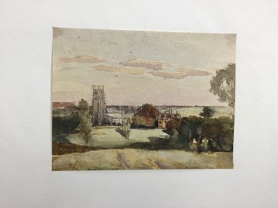 Lot 1217 - Thomas Churchyard (1798-1865) watercolour - view to Woodbridge Church, inscribed to paper backing mount, 9.5cm x 12.5cm, unframed