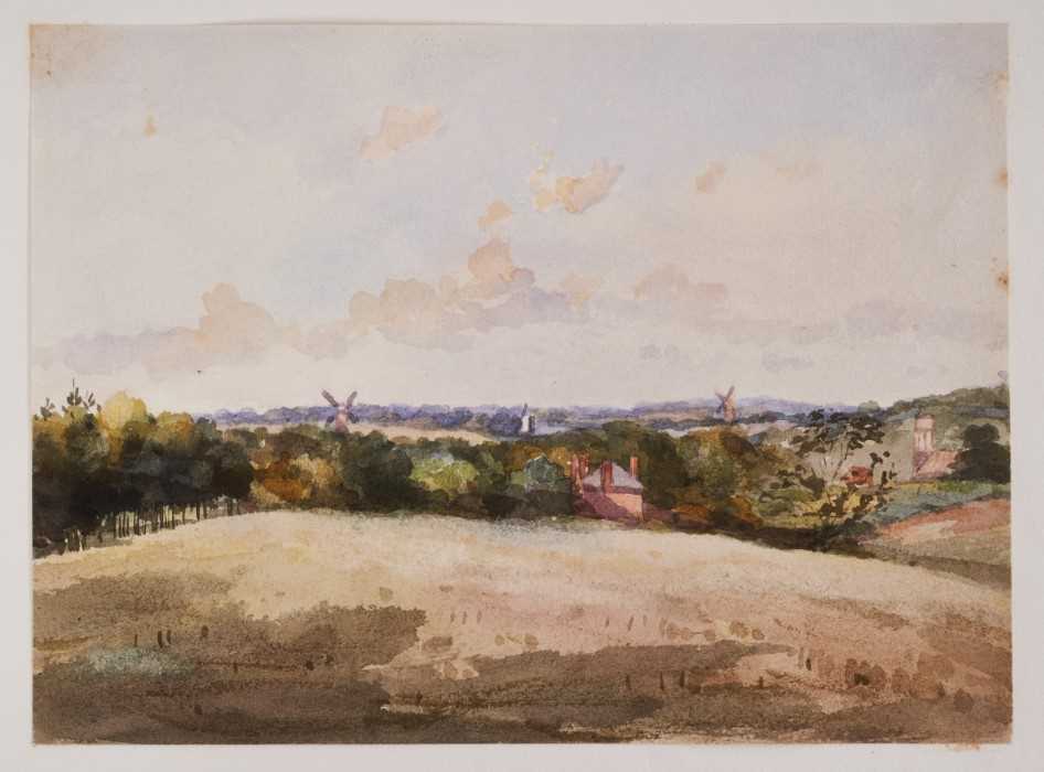 Lot 1218 - Thomas Churchyard (1798-1865) watercolour - extensive view with windmills beyond, inscribed 'Laura' verso, 15cm x 20cm, unframed