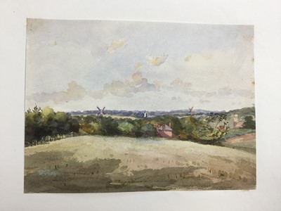 Lot 1218 - Thomas Churchyard (1798-1865) watercolour - extensive view with windmills beyond, inscribed 'Laura' verso, 15cm x 20cm, unframed