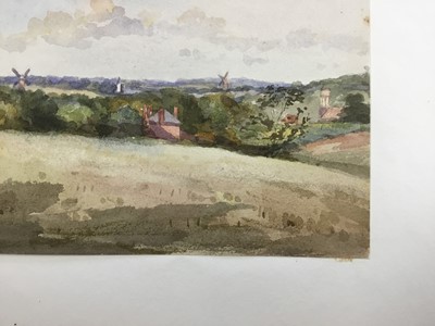 Lot 1218 - Thomas Churchyard (1798-1865) watercolour - extensive view with windmills beyond, inscribed 'Laura' verso, 15cm x 20cm, unframed