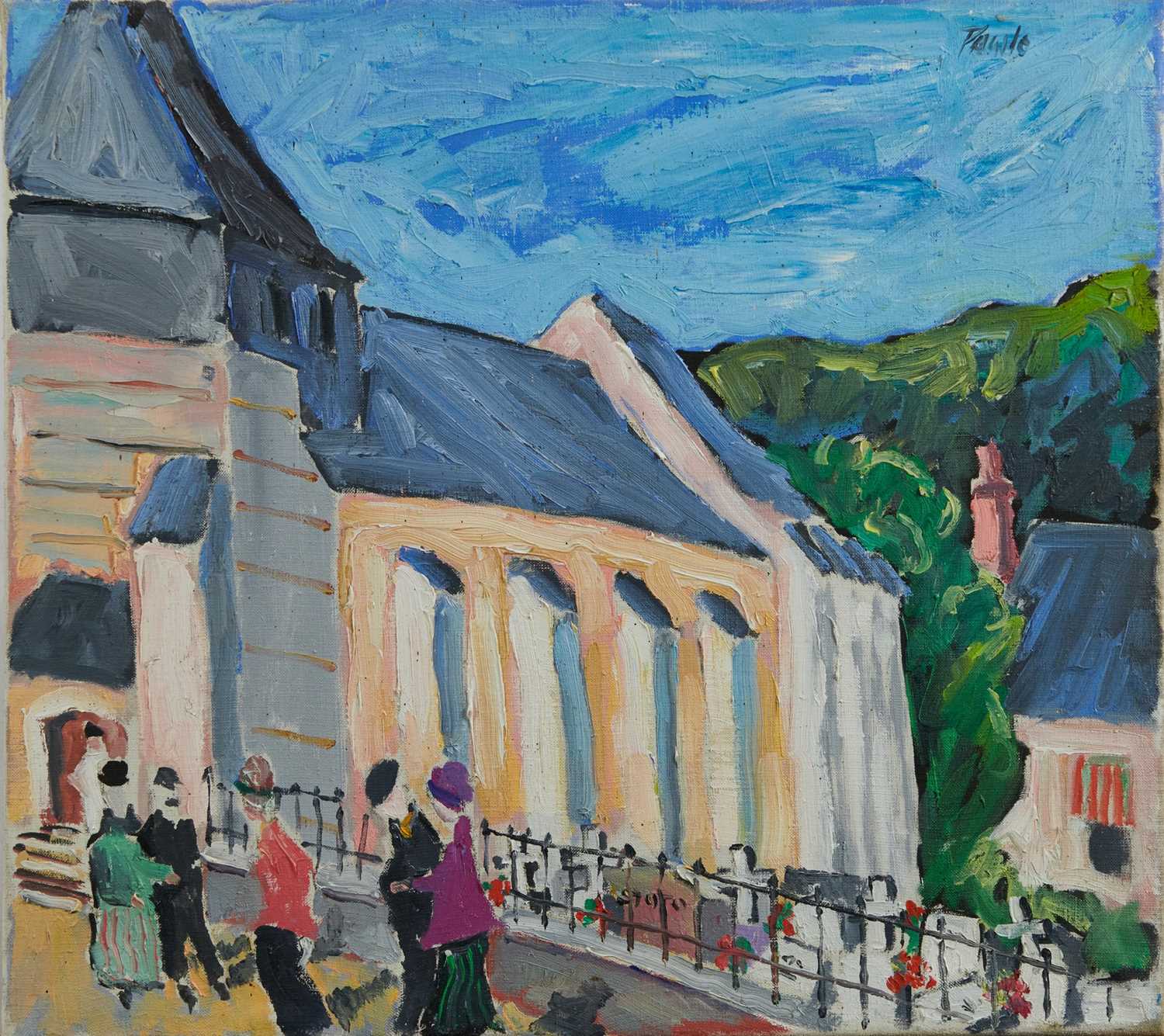 Lot 94 - *John Hanbury Pawle (1915-2010) oil on canvas - ‘Sunday Mass’ France, signed, titled verso, 50.5cm x 46cm, unframed