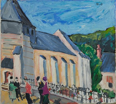 Lot 94 - *John Hanbury Pawle (1915-2010) oil on canvas - ‘Sunday Mass’ France, signed, titled verso, 50.5cm x 46cm, unframed