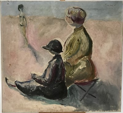 Lot 1062 - *John Hanbury Pawle (1915-2010) oil on canvas - beach scene with lady seated, signed and dated '62, 66cm x 61cm, unframed