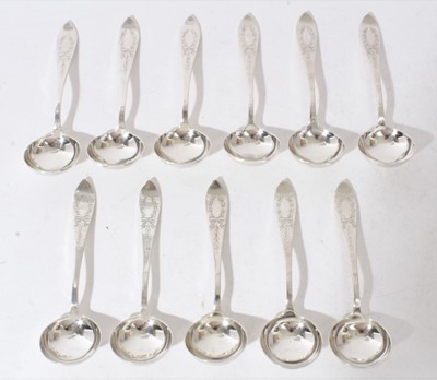 Lot 247 - Eleven, 20th century Canadian silver Tudor Wreath pattern cream soup ladles, stamped Birks