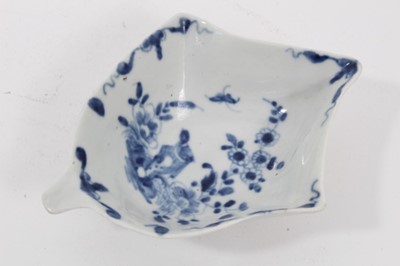 Lot 124 - A Worcester blue and white leaf shaped pickle dish, in the Two-Peony Rock Bird pattern, circa 1755