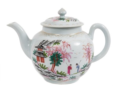 Lot 130 - A rare Chaffer's Liverpool teapot and cover, painted with the Stag Hunt pattern, circa 1760