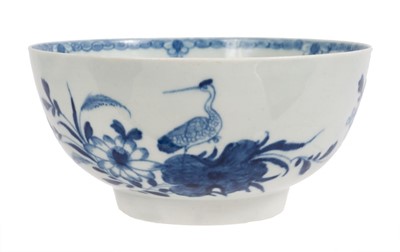 Lot 142 - A rare Worcester blue and white bowl, in the Heron on a Floral Spray pattern, circa 1756
