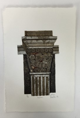 Lot 1198 - *Valerie Thornton (1931-1991) two etchings - 'Capitals, Macqueville', signed and dated '82, numbered 21/40, 30cm x 16cm together with 'Autun', signed and dated '79, numbered 14/70, 12cm x 19cm