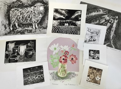 Lot 1201 - Linda Richardson (Contemporary) nine signed prints - 'Fish', A/P, 43.5cm x 32cm, 'Ewe', A/P, 43cm x 32cm , 'Anemones', A/P, 26cm x 37cm, 'Landscape I' 3/50, 24cm x 21.5cm, 'Pots...