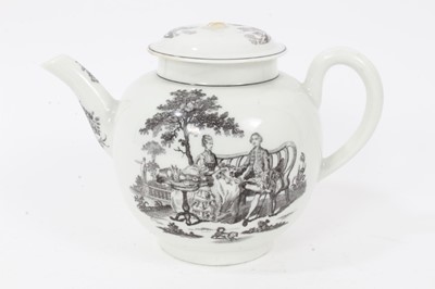 Lot 163 - A Worcester teapot and cover, printed by Robert Hancock with The Tea Party (number two) and La Diseuse d'Aventure, circa 1765-70