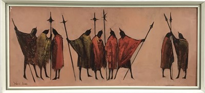 Lot 15 - Deborah Jones (1921-2012) oil on board, tribal figures standing in groups, signed lower left, in white painted frame, 69.5cm x 29.5cm