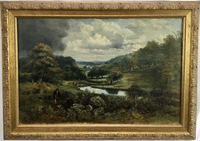 Lot 185 - J. M. Barber, 1860s oil on canvas - extensive rural landscape with deer grazing, signed and dated 1863, in gilt frame