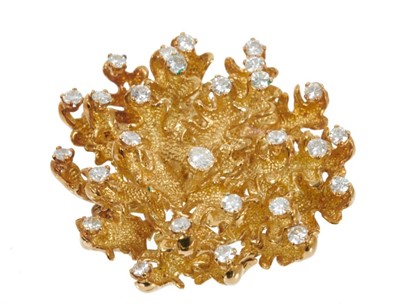Lot 487 - 1960s diamond and 18ct gold brooch of abstract organic form scattered with brilliant cut diamonds, London 1968, sponsor's mark BR Ld. Estimated total diamond weight approximately 1ct. Diameter appr...
