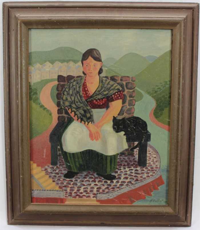 Lot 1184 - *Joyce Pallot, 1940s oil on canvas - portrait of a lady and black cat, signed and dated, framed