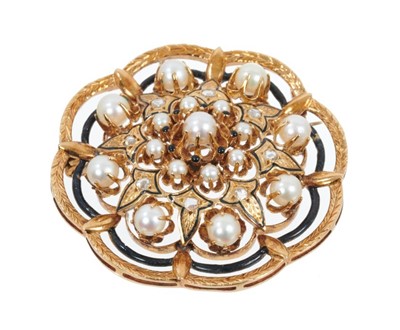 Lot 475 - Antique continental 18ct gold diamond, cultured pearl and black enamel pendant/brooch of stylised floral design. Approximately 45mm.