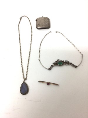 Lot 87 - Silver vesta, 9ct gold bar brooch, two silver pendant necklaces