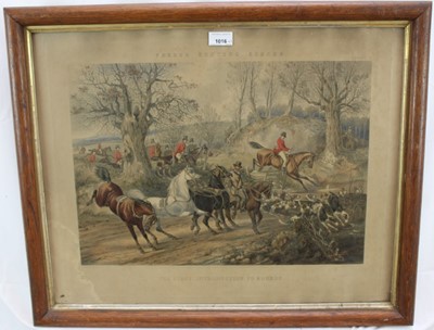 Lot 387 - Henry Alken Victorian hand coloured engraving - The first introduction to Hounds and another pair of hand coloured prints 'Moving Accidents By Flood And Field', in good quality frames (3)