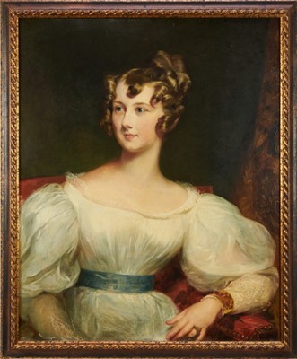 Lot 1153 - Follower of Thomas Lawrence, oil on panel, half length portrait of a young lady with white dress and blue silk belt