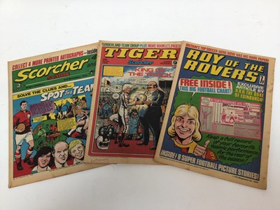 Lot 1423 - Collection of 1970s comics including Roy of the Rovers (including 1st issue) Tiger, Scorcher and annuals