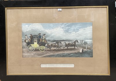 Lot 975 - Pair of large Victorian hand coloured engravings by R Stock after T Walsh - coaching scenes, 'Three Minutes to Spare' and 'We Shall do it Easily' - Dodson's Coaching Incidents, in glazed ebonised f...