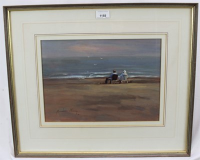 Lot 1155 - *Andrew King (b.1956) oil on board - Figures on the Beach, signed and dated '85, 24cm x 35cm, in glazed frame