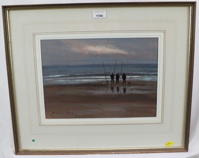 Lot 1154 - *Andrew King (b.1956) oil on board - Anglers, Overstrand Beach, signed, 22cm x 33.5cm, in glazed frame  
Provenance: Thompson's Gallery, Aldeburgh, summer 1986