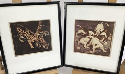 Lot 53 - Pair of colour prints of tigers and cubs feeding, 18cm x 17cm in glazed frames (2)
