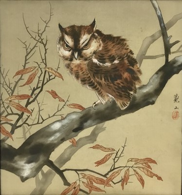 Lot 320 - Japanese painting on silk, owl on a branch, 40cm x 44cm, framed