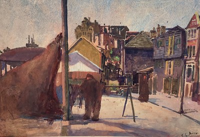 Lot 371 - British School watercolour, dressing sails or tanning hides (?), signed indstinctly bottom right