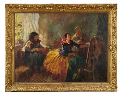 Lot 1234 - Continental School, early 20th century, oil on canvas, young lady looking at portrait, indistinctly signed, 60cm x 80cm, in gilt frame