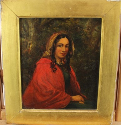 Lot 985 - 19th century oil on panel depicting gypsy girl in red cloak