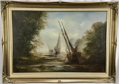 Lot 351 - 20th century oil on canvas of boats, in gilt frame, signed Dyer