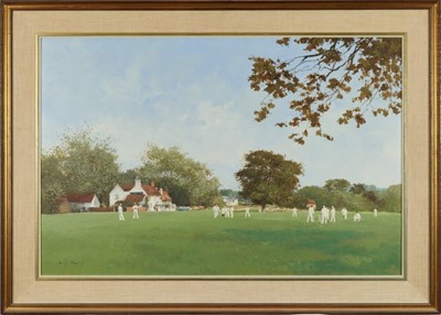 Lot 1097 - Roy Perry (1935-1993) oil on board Cricket on the village green
