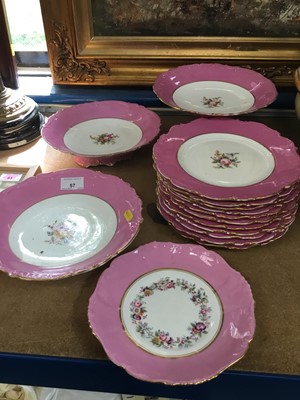 Lot 57 - Edwardian English porcelain dessert service with floral deacoration and pink bands