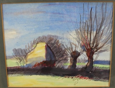 Lot 1181 - Robert G. D. Alexander (1875-1945) pencil and watercolour - Felixstowe, 21cm x 29cm, together with another ink and watercolour of a Haystack, 23cm x 28cm, both in glazed frames