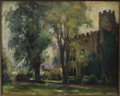 Lot 1163 - Manner of Alfred Munnings, oil on canvas, view of a building