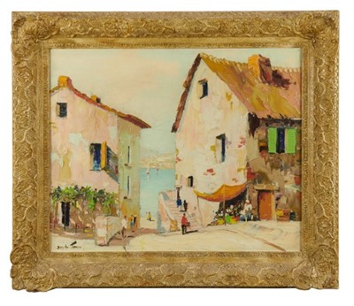 Lot 979 - *Cecil Rochfort D’Oyly-John (1906-1993), oil on canvas, Figures in a Mediterranean street, signed, inscribed verso, 42cm x 52cm, framed
