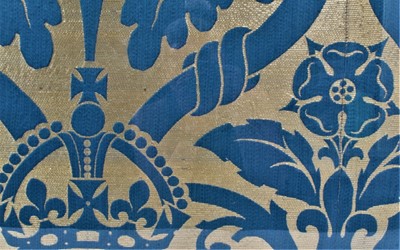Lot 25 - The Coronation on T.M.King George VI and Queen Elizabeth 1937- fine piece of gold bullion and blue silk wall hanging that hung in Westminster Abbey for the ceremony
